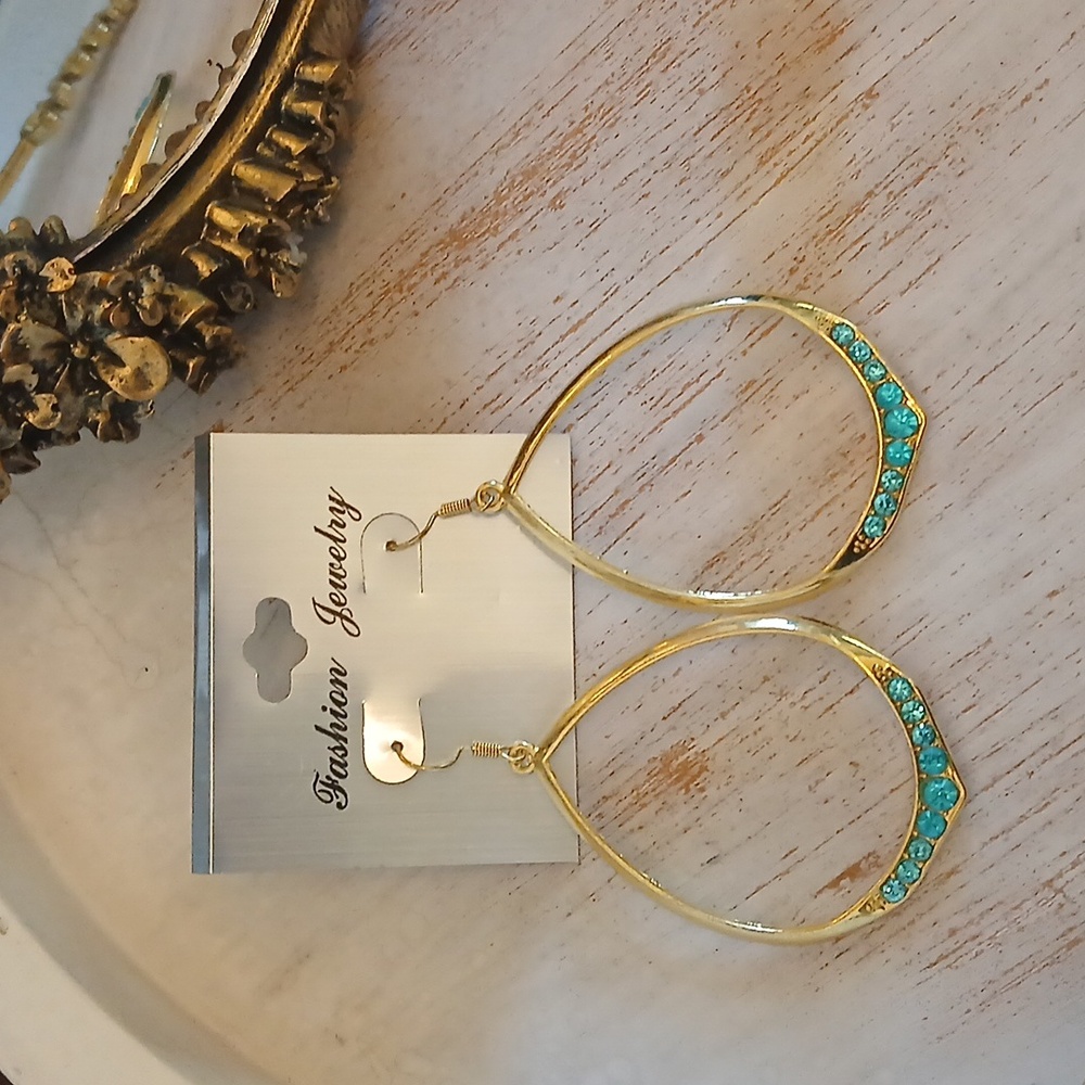 New Women's Gold And Aqua Blue Crystals Large Teardrop Statement Earrings